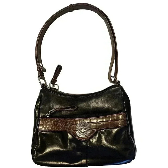 GIANI BERNINI Black Leather w/Brown Alligator Classic Style Shoulder Shopper Bag - Picture 1 of 8